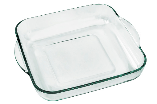 Rounded square Glass Baking Pan with curved handles, isolated on white background.