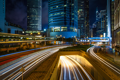 International Finance Center busy at night with traffic, Hong Kong