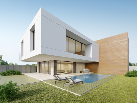 3d rendering of modern luxury house with lawn yard and swimming pool.