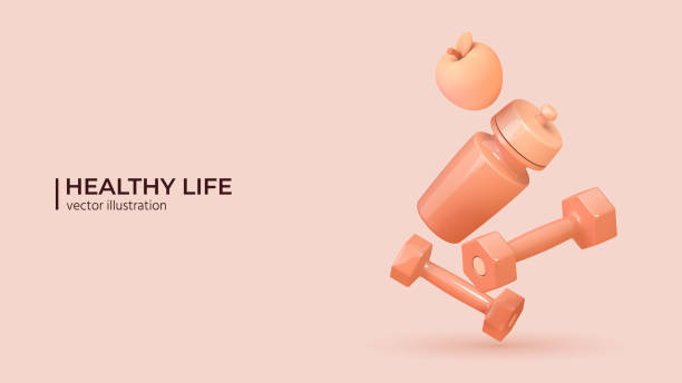 Healthy lifestyle concept. 3d set of sport equipment. vector art illustration