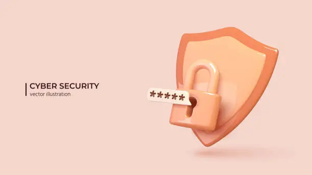 Vector illustration of Realistic 3d padlock with password and shield.