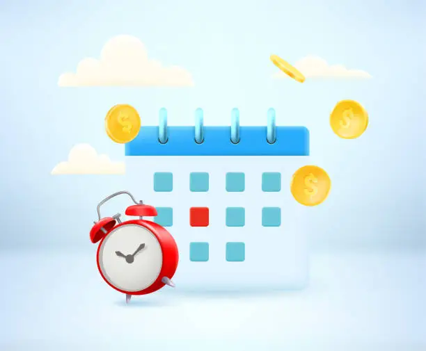 Vector illustration of Business agenda concept with calendar and clock. 3d vector illustration