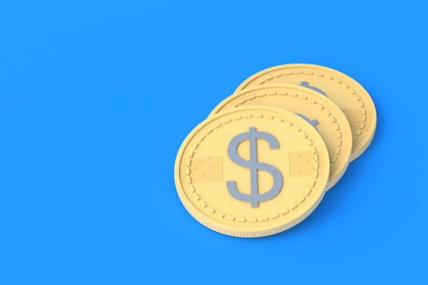 istock Coins with dollar symbol on blue background. Financial indicators. Cheap loans. Profitable proposition. Conditions of employment. Big discounts. Donation amount. Copy space. 3d render 1394390664