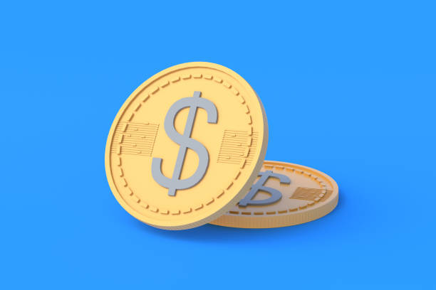 istock Coins with dollar symbol on blue background. Financial indicators. Cheap loans. Profitable proposition. Conditions of employment. Big discounts. Donation amount. 3d render 1394390672