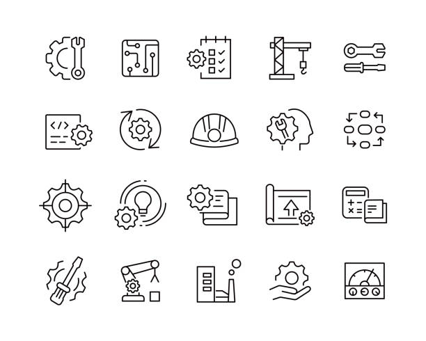 illustrazioni stock, clip art, cartoni animati e icone di tendenza di icone di ingegneria - icone a linee vettoriali - parte di macchina immagine