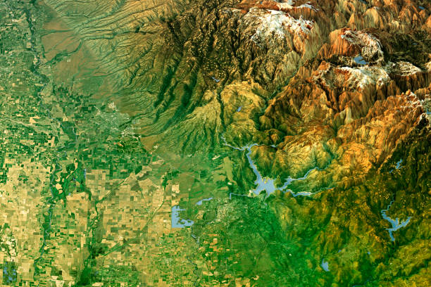 vista topografica 3d dell'immagine satellitare della contea di butte - geografia fisica foto e immagini stock