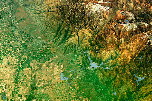 3D Render of a Topographic Map 3D View of Butte County.  
All source data is in the public domain.
Contains modified Copernicus Sentinel data (March 2022) courtesy of ESA. 
URL of source image: https://scihub.copernicus.eu/dhus/#/home.
Relief texture: 3DEP data, courtesy of USGS The National Map. 
URL of source image: https://apps.nationalmap.gov/downloader/#/