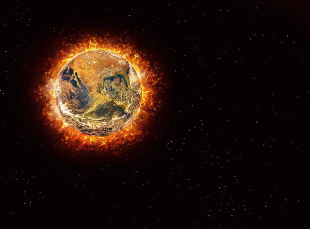 istock Our burning Earth: satellite view of the world surrounded by fire, flame and explosions, representing global warming or war 1394393005