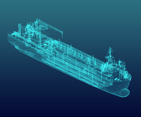 A technical fleet vessel designed for dredging and extraction of non-metallic construction materials. Hopper dredger scheme is in neon blue tones. 3d-rendering
