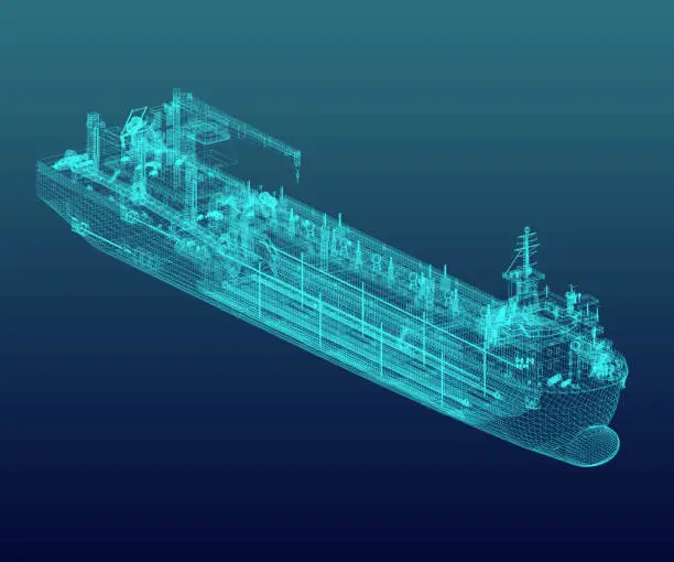 A technical fleet vessel designed for dredging and extraction of non-metallic construction materials. Hopper dredger scheme is in neon blue tones. 3d-rendering