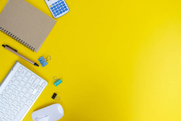 istock Flat lay, top view office table desk. Workspace with blank Laptop, office supplies, pencil and coffee cup on desk background. business conecpt, education  conecpt 1394396217