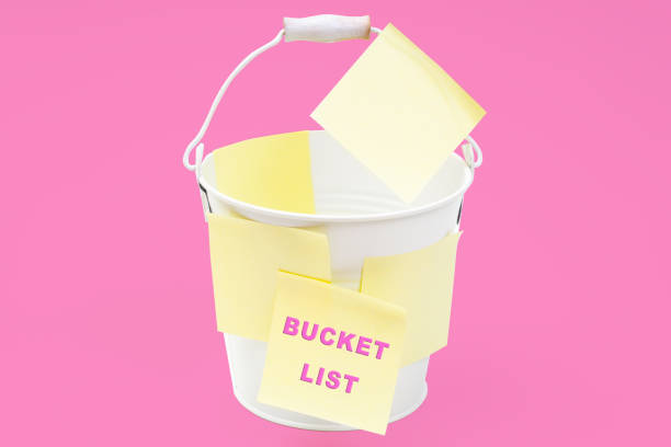 Small steel bucket covered with note stickers reading BUCKET LIST isolated on pink background.
