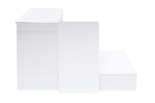 Stacks of blank white business cards. Empty mock-up with copy space.