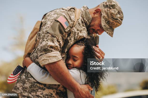 Emotional Soldier Saying Farewell To His Daughter Stock Photo - Download Image Now - Veteran, Military, Family