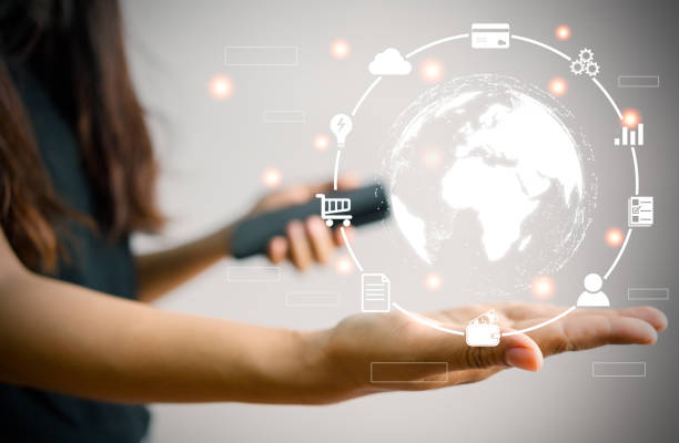 istock person accesses data connections on the Internet, managing data on smartphones, accessing functions, Internet of Things, setting data, trading and managing finances. 1394397658