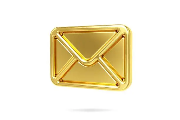 Photo of 3d gold mail icon isolated on white background. Envelope sign. Email icon. Letter icon. 3D rendering