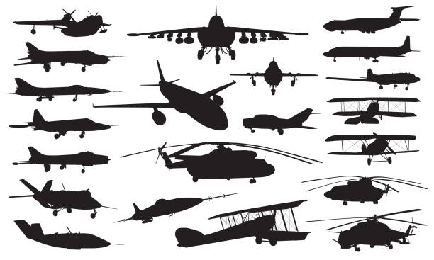 vektorsilhouetten von militärischen vogelflugzeugen, jets, hubschraubern, flugzeugen, doppeldeckern - air force fighter plane pilot military stock-grafiken, -clipart, -cartoons und -symbole