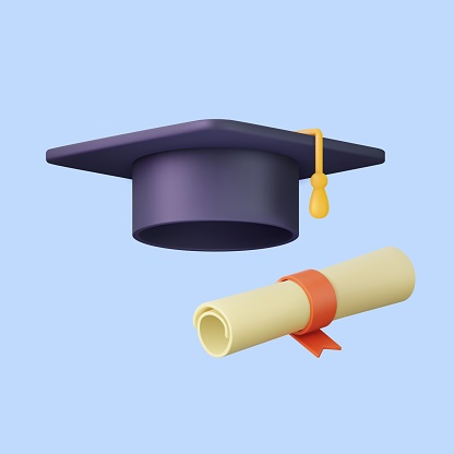 3d graduation hat and diploma cartoon. 3d rendering university student cap mortarboard and diploma graduation concept. Vector illustration