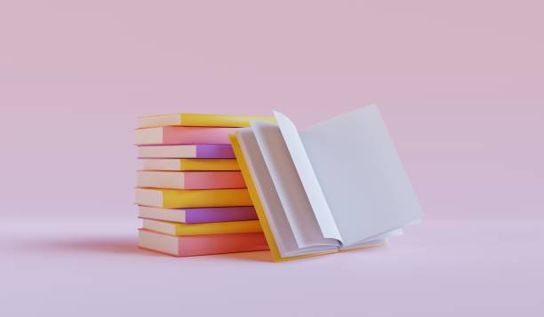 istock Stack of books with open book on pink background. Front view. Online education or e-learning concept. 3d render 1394400664