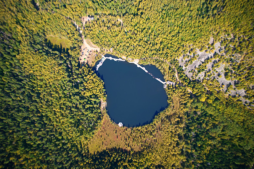 A lake surrounded by an autumn forest from the air.