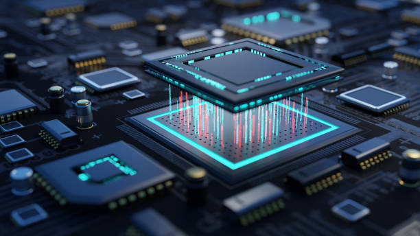 Microchip connection with a circuit board with and data rays stock photo