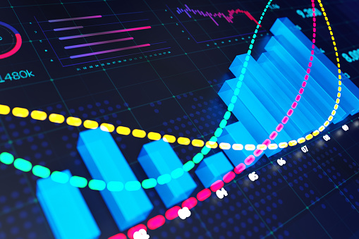 Abstract financial charts on a digital display and various infographic elements on the background