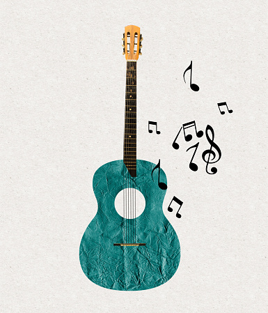Contemporary art collage of drawn acoustic guitar and music notes isolated over light background. Concept of music, creativity, inspiration, imagination, ad. Design for greeting card, magazine cover