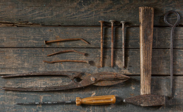 istock Vintage tool set: hammer, garden shears, screwdriver, twist, nails 1394402210