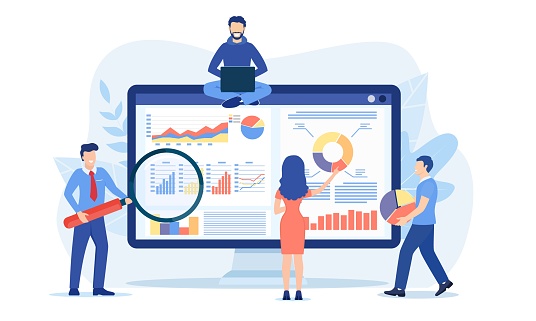 Data analytics, dashboard and business finance report. business people working for data analytics and monitoring on web report. business finance investment concept. Vector illustration in flat style