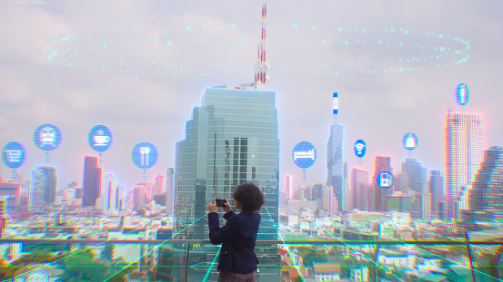 Woman using  realistic AR information data of smartphone applications in the future, Augmented reality and virtual reality concept, metaverse innovation technology concept