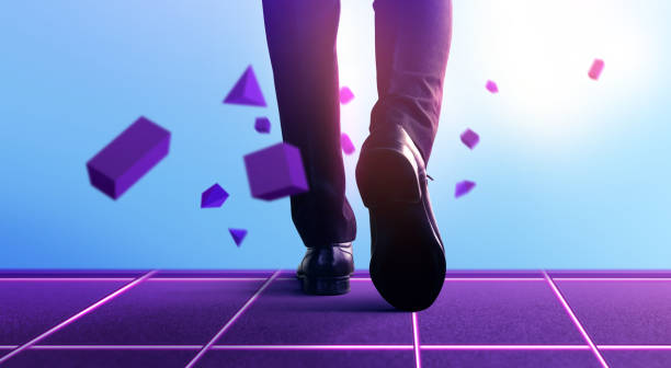 istock Businessman Steps into Future. Start, Moving Forward to New Technology, Web3.0, Metaverse, Blockchain and the Next Layer of the Internet Concepts. Futuristic Tone