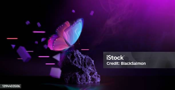 Metaverse Web3 And Blockchain Technology Scene Futuristic Background Included With Elements Of Butterfly Rock 3d Graphic And Neon Light Conceptual Photo Stock Photo - Download Image Now