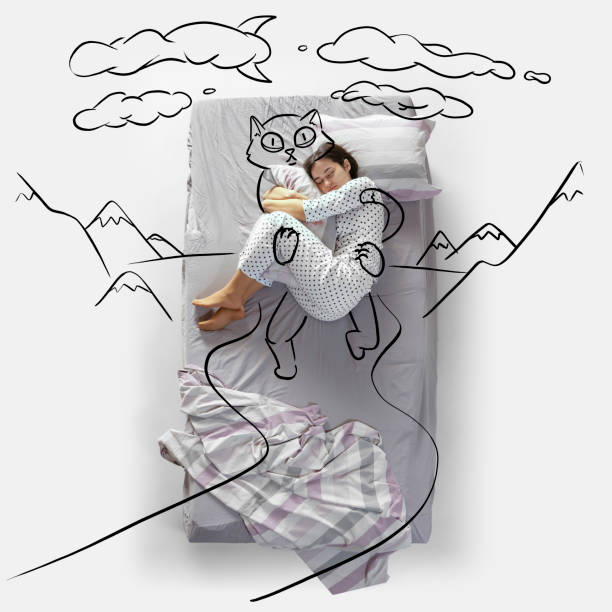 Creative image. Young cute girl lying on bed, sleeping, dreaming about pet friend, hugging cat. Domestic animal. Drawings, doodles design. Concept of imagination, creativity, dreams, relaxation, fun