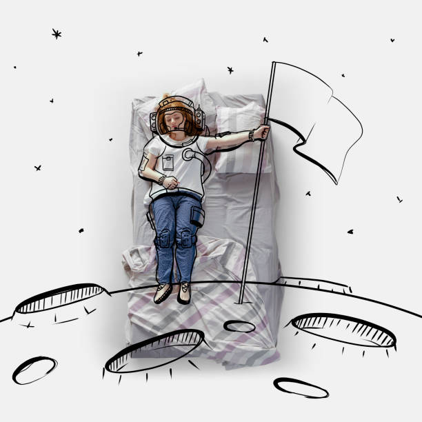 Creative image. Top view of young woman lying on bed, sleeping, dreaming about conquering space, moon. Drawings and doodles design. Concept of imagination, creativity, dreams, relaxation, fun