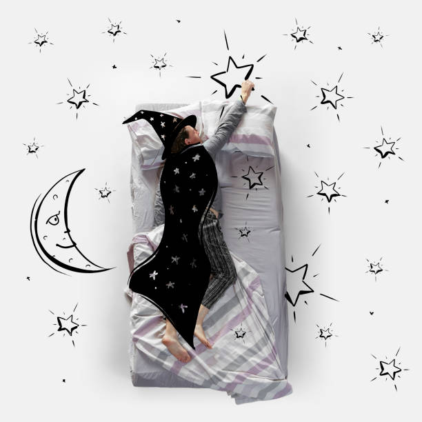 Creative image. Top view of young man lying on bed, sleeping, dreaming about being a wizard. Drawings and doodles design. Concept of imagination, creativity, dreams, relaxation, fun