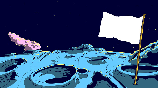 Hand drawn futuristic space landscape - Flag on the surface of the moon. The sky above the surface of the moon.