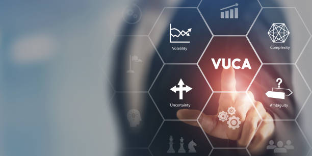 VUCA and strategic management.  Smart management for new trend and rapid transition. Touching on VUCA  text surrounded by volatility, uncertainty, complexity, ambiguity icons. Background, copy space. stock photo