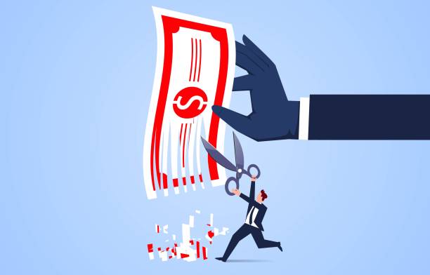 ilustrações de stock, clip art, desenhos animados e ícones de failed investment conditions, loss of money and costs, cutbacks, businessman holding scissors and cutting banknotes in his hands. - tax poverty men currency