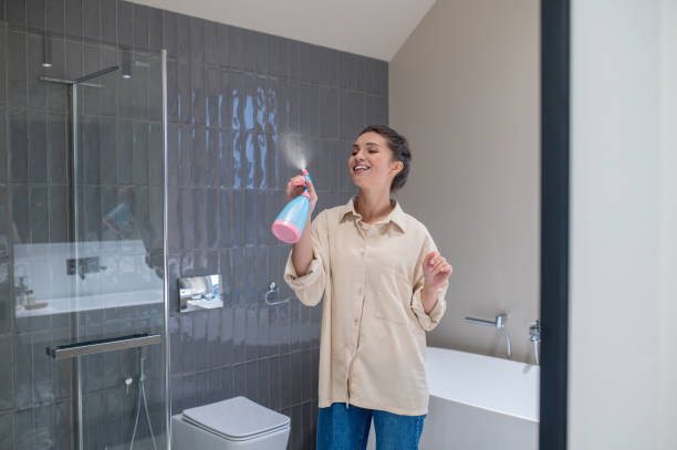 una giovane donna sorridente che spruzza il deodorante per ambienti in bagno - air freshener foto e immagini stock