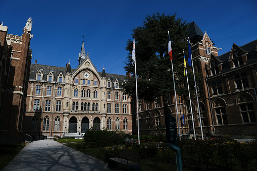 Exterior view of Catholic University in Lille, France on  April 14, 2022.