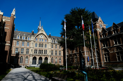 Exterior view of Catholic University in Lille, France on  April 14, 2022.