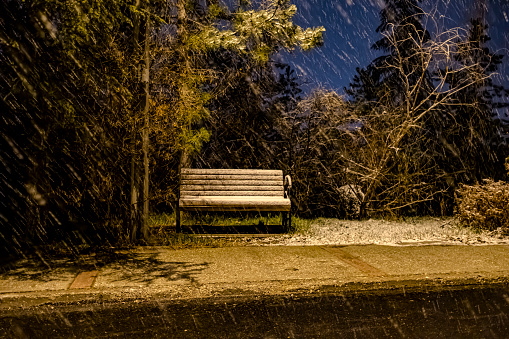 While it is snowing in tbhe city, the view of the snow-covered bench. Selective Focus. Blur Motion Shot.