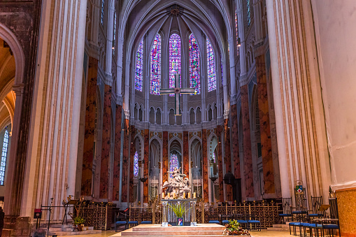 Chartres, France, march 27, 2022 : altar and choir decors of Cathedral of Our Lady of Chartres