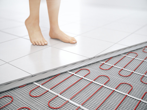 Floor heating concept. Underfloor electric heating. Warm floor system. 3d rendering