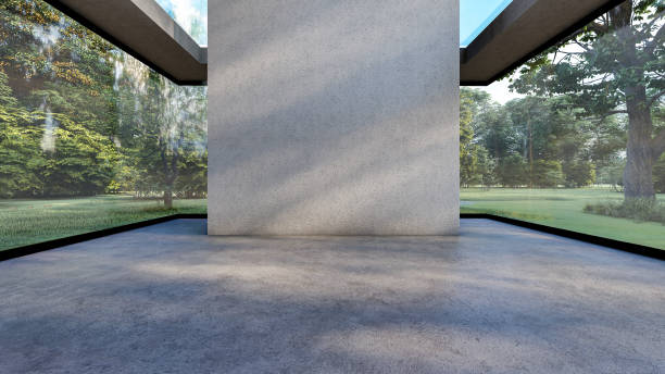 istock Empty cement hall room interior with empty wall in clear glass building with garden view, 3d rendering 1394416128