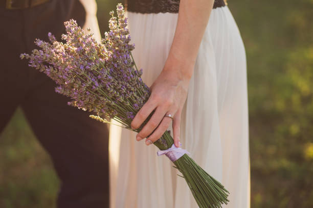 пара обнимается на лавандовом поле на закате. - wedding just married tuscany newlywed стоковые фото и изображения