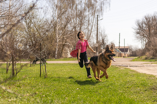 little girl running fast with a shepherd in the park.