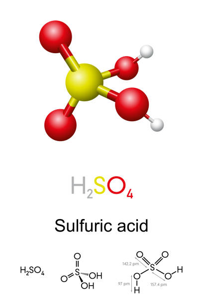 illustrazioni stock, clip art, cartoni animati e icone di tendenza di acido solforico, h2so4, modello a sfera e bastone, formula molecolare e chimica - sulfuric