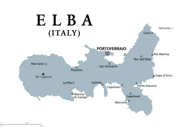 Vector illustration of Elba, Italy, gray political map, Site of the first exile of Napoleon