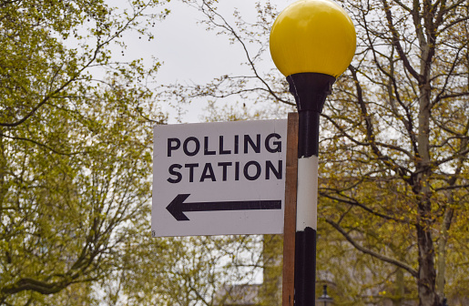 London, UK - May 1 2021: Polling Station sign in central London.